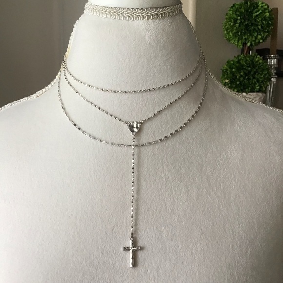Cross Necklace Delicate 3-Chain Silver-Tone Waterfall Rosary Style Boho Feminine - Picture 4 of 8